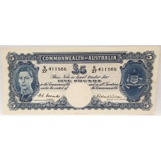 AUSTRALIA 1952 . FIVE 5 POUNDS BANKNOTE . COOMBS/WILSON . FIRST PREFIX S27